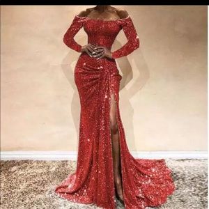 Boat Neck Off Shoulder Sequined Evening Gowns Side Split Mermaid Dress Long New